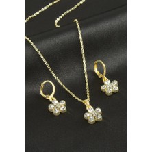 Pazarois Şeffaf Taşlı Çiçek Figürlü Gold Renk Bijuteri Kolye Küpe Seti