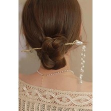 Caş Dekorasyon Altın Renk Incili Sallantılı Topuz Toka