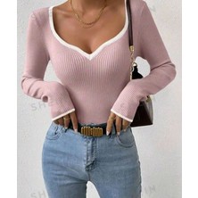 Park Moda Kadın Kontrast Biye Detaylı V Yaka Fitilli Triko Body Uzun Kollu Şık Bluz