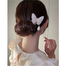 Caş Dekorasyon Altın Renk Kelebekli Incili Metal Topuz Tokası