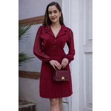 Zy Plus Bordo Ceket Yaka Kollar Şifon Kışlık Ceket Elbise