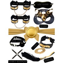 Gold Sapsarı Deri Fantazi Kelepçe Maske Tasma Kırbaç Seti 8'li Sıra Sende
