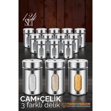 Creatividad Solutions Cam+Çelik Tuzluk Biberlik Karabiberlik 3 Farklı Delikli 12 Li Set 721946