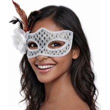 Eco Port Gümüş Renk Tüylü Balo Maskesi Kadın Parti Aksesuarı