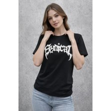 Giyimodam Bisiklet Yaka Ön Baskılı  Kısa Kollu Tişört Streetwear Günlük Basic Pamuklu T-Shirt - Siyah