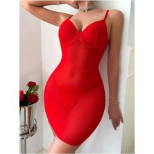 Vuesga Transparan Dekolteli Kırmızı Fantezi Gecelik