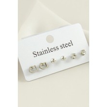 Pazarois 6 Lı Kedi Figürlü & Taşlı Paslanmaz Çelik Küpe Seti