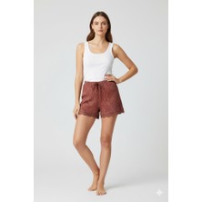 MELENERS Düz Renk Mini Çiçek Desenli Penye Kadın Ev Şortu Bacak Dantel Detaylı Ev Giyim Taba