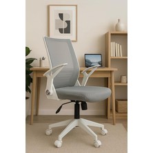 Katlanır Kollu Çalışma Sandalyesi | Ofis ve Bilgisayar Koltuğu | Gri Kumaş - Beyaz Kollar