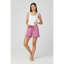 MELENERS Bambu Fitilli Kadın Ev Şortu Bacak Dantel Detaylı Ev Giyim Pembe
