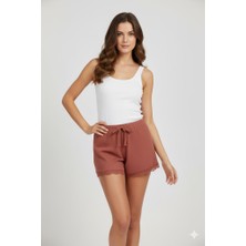 MELENERS Bambu Fitilli Kadın Ev Şortu Bacak Dantel Detaylı Ev Giyim Taba