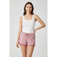 MELENERS Çizgili Penye Kadın Ev Şortu Bacak Dantel Detaylı Ev Giyim Fuşya