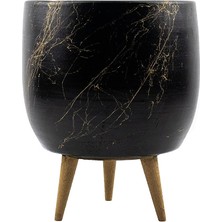 Tasarımı Ev Dekorasyon Aksesuar Siyah Üzeri Gold Mermer Efektli Toprak Saksı Saksılık Salon Çiçeklik 3 Ayaklı - 19 cm