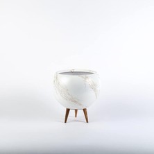 Ovni Büyük Boy Ahşap Ayaklı Gold Mermer Desenli Beyaz Tombul Saksı (Beyaz-Gümüş)