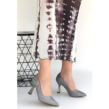 Erbilden Cerin Gümüş Saten Simli Topuklu Ayakkabı