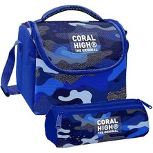 High Erkek Çocuk Mavi Lacivert Kamuflaj Thermo Beslenme Çantası ve Üç Bölmeli Kalem Çantası Seti