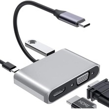 Gri Type-C HDMI VGA USB 3.0 Type 4in1 Video Dönüştürücü Veri Aktarıcı Adaptör Notebook ve Macbook Uyumlu Tc-26