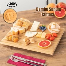 Bambu Peynir Pizza Tahtası Sunum Tahtası 360 Derece Dönen Yuvarlak Lüx Servis 35 x 30 x 1.5 cm