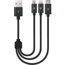 Alumicable Mini Trio Lightning Micro USB 30CM Şarj Kablosu, Siyah