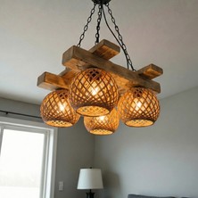 Celestia Home Rustik Avize El Yapımı 4’lü Kare Masif Ahşap Hasır Örgü Başlıklı – Salon, Mutfak ve Oturma Odası Için Bohem Çiftlik Evi Tarzı Zincirli Sarkıt Tavan Lambası (40X40 Cm)