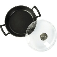 Döküm Yuvarlak Sahan Cam Kapaklı Döküm Demir Yekpare Çift Kulplu ÇAP(Ø)24CM.