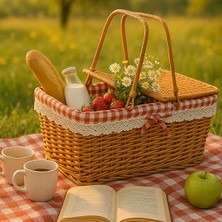 Hasır Piknik Sepeti – Dantelli, Kırmızı Kareli Kumaşlı, Şık ve Doğal Tasarım 39 cm