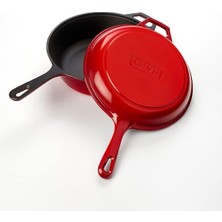 Döküm Combo Derin Tava / Saplı Tencere ve Kızartma Tavası, Metal Saplı Kapaklı, 26CM, Kırmızı