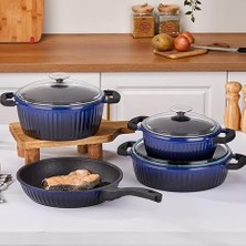 Valeriya Cam Kapak 7 Parça Döküm Tencere Seti Lacivert Siyah - TAC-4878