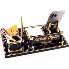 Royal Mermer Desen Ahşap Gold Kalemli Masa Isimliği Ofis Masaüstü Isimlik Seti Ofis Hediye Yeni Iş