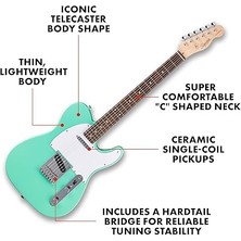 By Fender Debut Collection Telecaster Elektro Gitar, Laurel Klavye, Beyaz Vuruş Tahtası, Deniz Köpüğü Yeşili