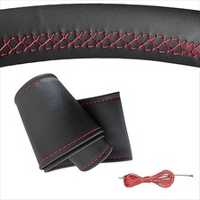 Deri Dikme Direksiyon Kılıfı Siyah Kırmızı Dikişli