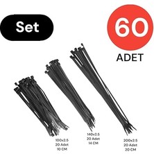 Plastik Kablo Bağı Cırt Kelepçe Set 100 mm - 150 mm - 250 mm x 2.5 mm Siyah (20 Şer Adet x 3) 60 Adet