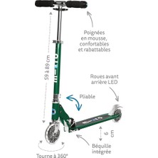 Kickboard- Sprite LED - 2 Tekerlekli Tekme Scooter Yaş 8+, Katlanır, Hafif, Hareketle Aktive Edilen Işıklı Tekerlekli Taşınabilir Scooter