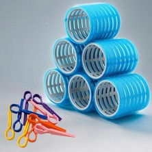 Ayko Croc 1214 Mega Boy Bigudi 6lı + Saç Pensi 10LU (Cırtlı - Yapışkanlı Bigudi) Mavi