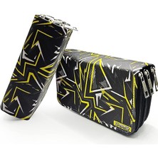 Kalem Kutusu Siyah Kamuflaj Geometrik Desen Organizer Kalemkutu Vegan Deri Üç Bölmeli Kalemlik