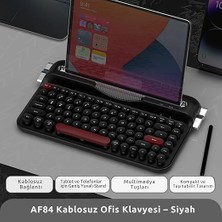 Kablosuz Bluetooth & 2.4g Çift Modlu Retro Daktilo Tasarımlı Klavye – Yuvarlak Tuşlu, Tablet & Telefon Standlı, Ergonomik, Taşınabilir, Pille Çalışan, Sessiz ve Konforlu Ajazz AF84 Siyah