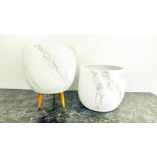 Tasarımı Ev Dekorasyon Aksesuar Beyaz Üzeri Gold Mermer Efektli Toprak Saksı Saksılık Salon Çiçeklik Ikili Set Ayaksız - 3 Ayaklı 19 cm