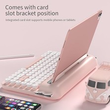 Kablosuz Bluetooth & 2.4g Çift Modlu Retro Daktilo Tasarımlı Klavye – Yuvarlak Tuşlu, Tablet & Telefon Standlı, Ergonomik, Taşınabilir, Pille Çalışan, Sessiz ve Konforlu Ajazz AF84 Pembe