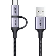 2'si 1 Arada Örgülü Type-C Micro USB Şarj ve Data Kablosu 1 Metre