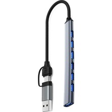 Type-C USB 3.0 7 Portlu Hub Otg Çoğaltıcı Pc Telefon Bilgisayar Uyumlu Veri Aktarımı Mouse Klavye Bağlantısı ADS303D