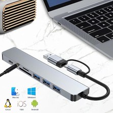 MT96 Otg Kablolu Çoklayıcı Type-C USB Girişli 8in1 Adaptör Hub Çoğaltıcı Kart Okuyucu Aux