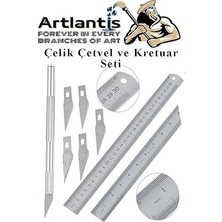 Cetvel 30 cm ve Kretuar Bıçağı 5 Yedek Bıcaklı 1 Adet Paslanmaz Çelik Metal Çetvel 30 Santimetre