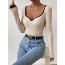Park Moda Kadın Kontrast Biye Detaylı V Yaka Fitilli Triko Body Uzun Kollu Şık Bluz