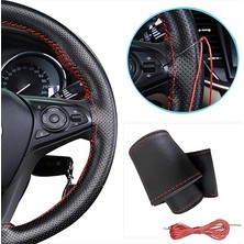 Deri Dikme Direksiyon Kılıfı, Siyah Mavi Kırmızı Ip Renk Seçeneği, Dikişli Deri, Universal Boyutu, Kırmızı Dikişli