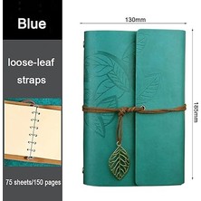 Retro Vintage Yaprak Baskılı Kolye Uçlu Deri Kapaklı Günlük Not Defteri Özel Tasarım Hediyelik Mavi