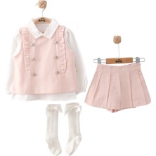 Kız Çocuk Düğmeli Yelekli Etek Gömlek Bayramlık Şık Takım 2 Yaş, 3 Yaş, 4 Yaş, 5 Yaş