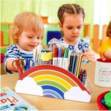 Gökkuşağı Çocuklar Için Masaüstü Kalemlik Kalem Kutusu Organizer Gökkuşağı Ahşap