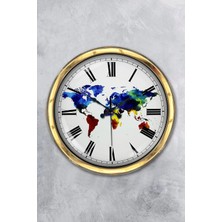 Kasva Concept Hediyelik 40 cm Gold Metal Harita Duvar Saati