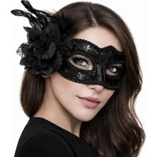Alfa Life Marketing Siyah Venedik Parti Maskesi – Çiçekli Tüylü Payetli