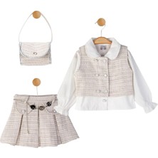 İbeco Kız Çocuk Yelekli Etekli Gömlekli Çantalı Bayramlık Elbise Takımı 4 Yaş